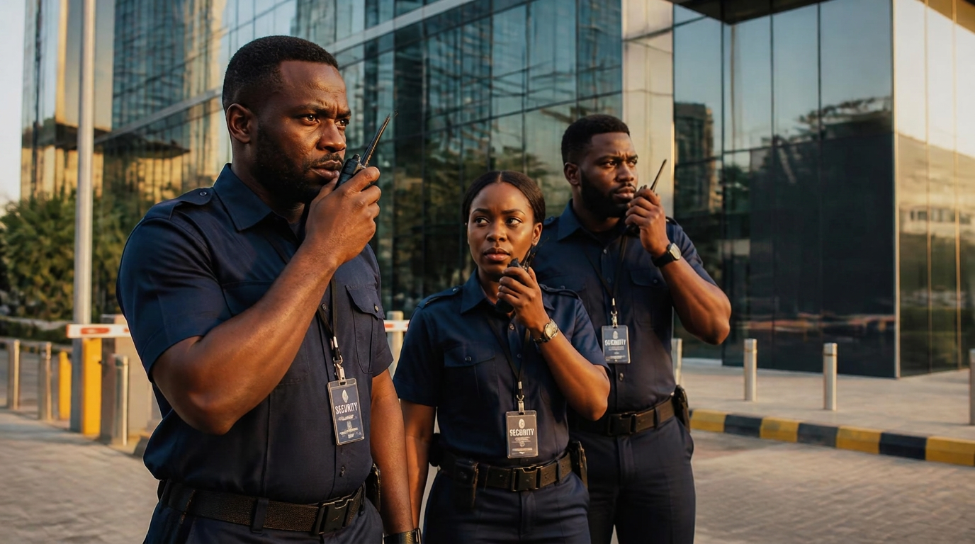 Security and industrial teams using two-way radios at an oil terminal at dusk