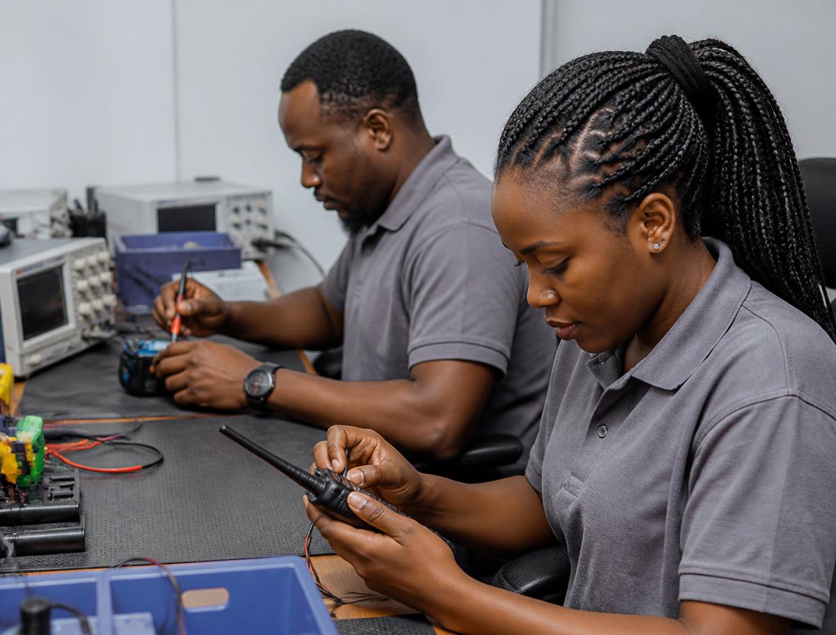 Linkline technician programming a two-way radio in the service workshop